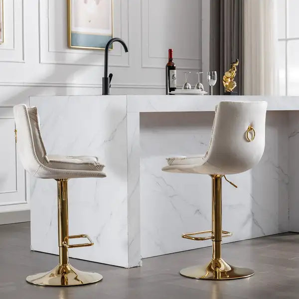 Set of 2 Swivel Bar Stools with Chrome Footrest - Height Adjustable Velvet & Gold Legs - Cream