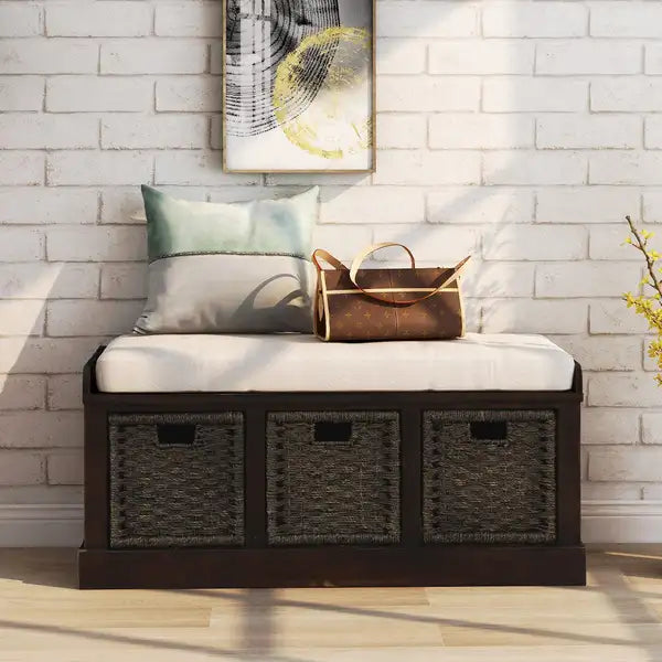 Rustic Storage Bench with 3 Rattan Baskets & Cushion - Espresso