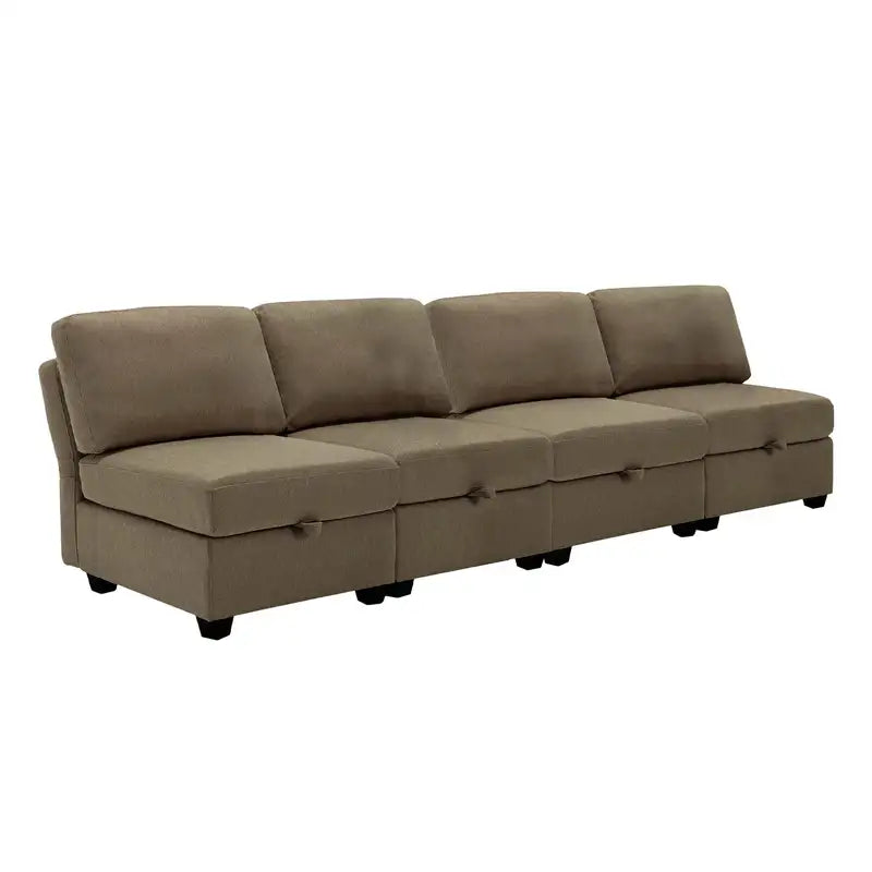 Brown Modular Sofa with Storage: 4-Seater Fabric Sectional