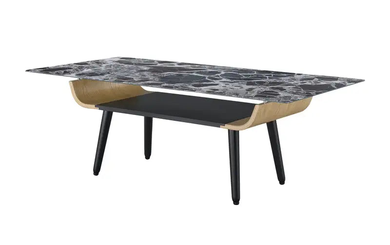 Landon 47" Coffee Table: Black Marble Glass Top & Bent Wood