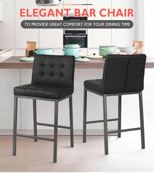 Modern Bar Stools, Set of 2, Black PU Leather with Metal Legs, Kitchen & Restaurant - Minihomy