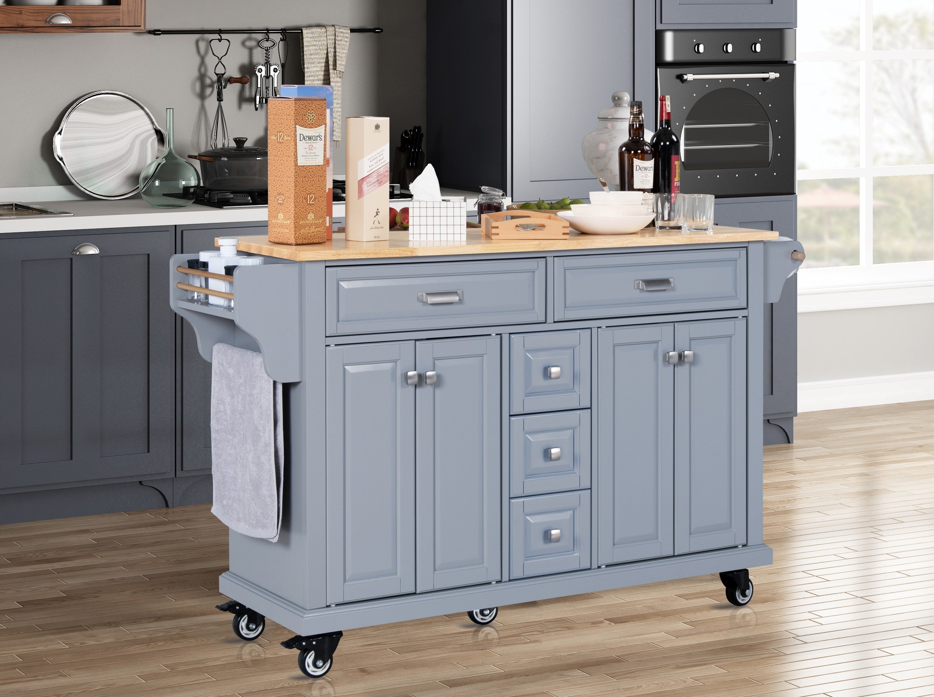 Kitchen Island with Rubberwood Countertop, Storage Cabinet, 5 Drawers, Grey, Rolling Cart