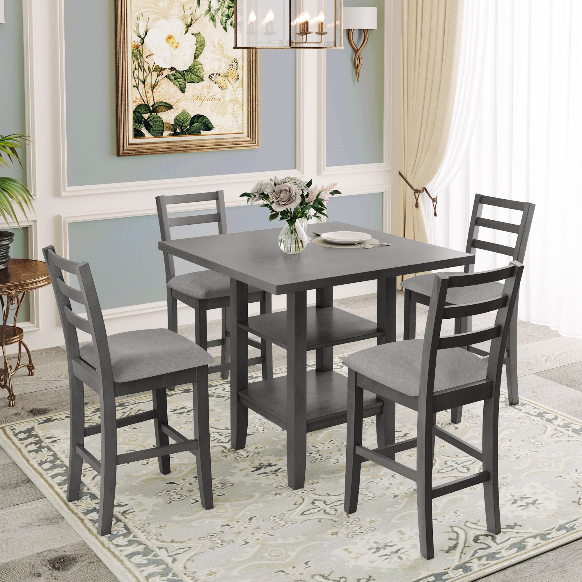 TREXM 5-Piece Counter Height Dining Set - Grey, Padded Chairs, Storage Shelves