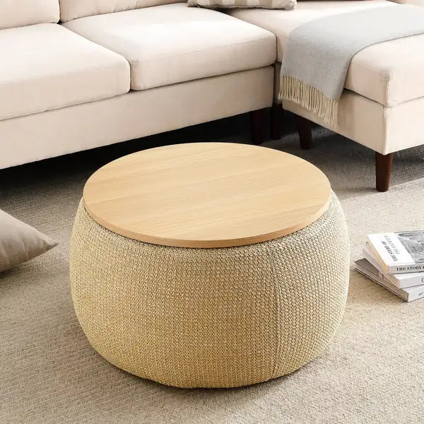 Round Storage Ottoman: End Table & Footrest, Natural (25.5")