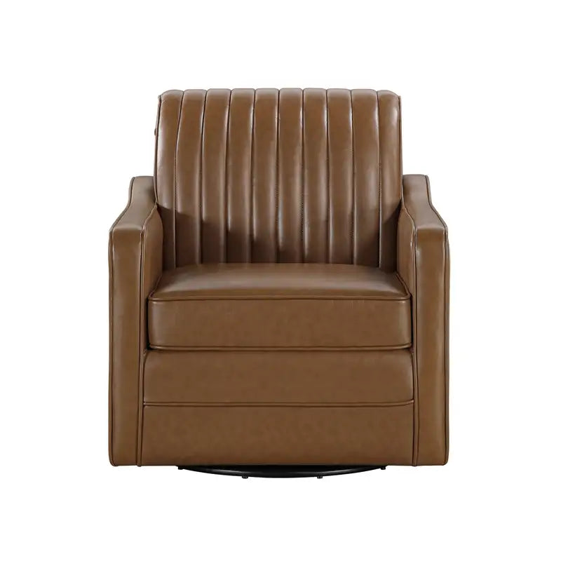 Brown Swivel Chair - Faux Leather, Breathable, Channel Stitched