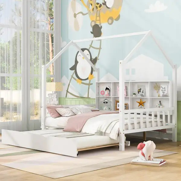 Full Size Wooden House Bed with Trundle & Shelf - White - Kids Bedroom Furniture