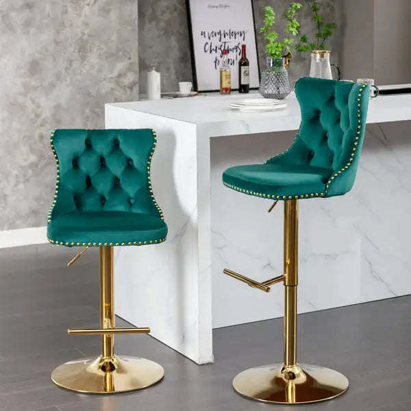 Green Velvet Barstools Set of 2, Adjustable Swivel Bar Stools with Backs for Kitchen Island & Pub - Minihomy