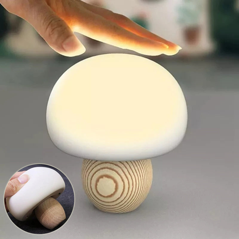 Silicone LED Night Lamp Brightness Adjustable Mushroom Pat Switch Wooden Base Timing LED Night Light For Children's Gift