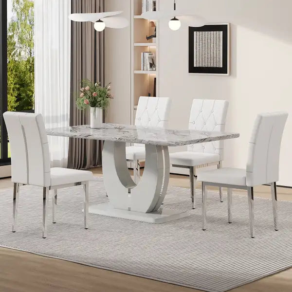 Modern Marble Dining Table & Chair Set - Rectangular, Restaurant & Living Room, Soft Cushions, F-1280 - Minihomy