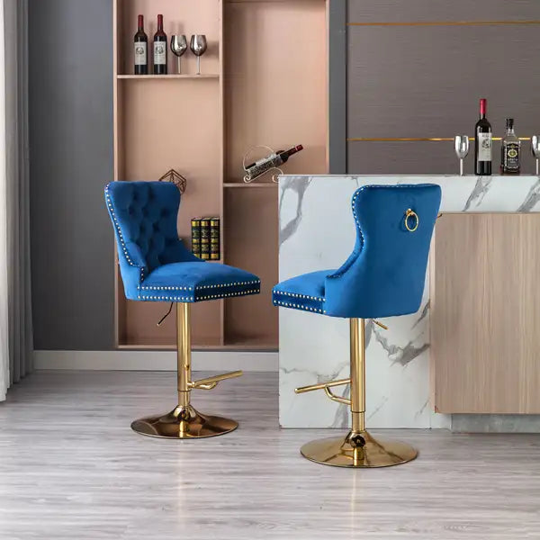 2-Piece Velvet Bar Stools Set | Adjustable Counter Height, Tufted Back, Blue & Gold - Minihomy