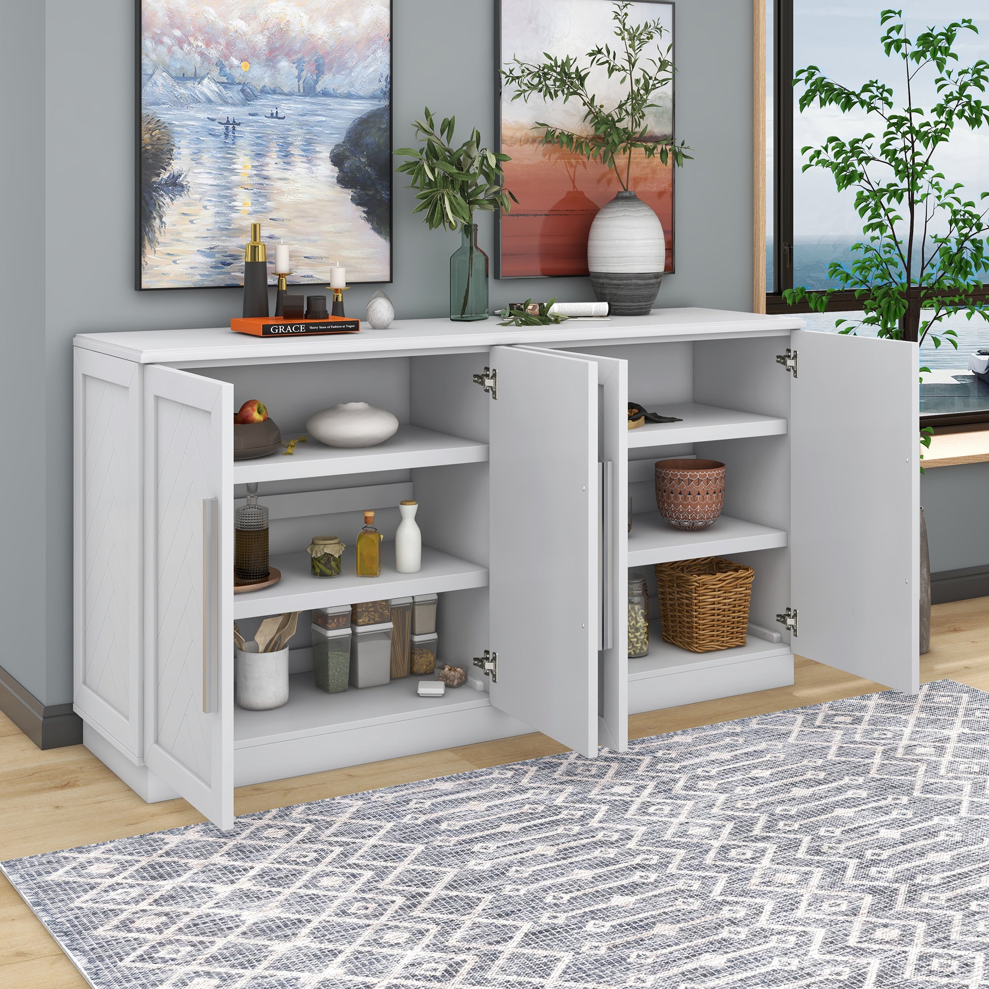 White Sideboard with 4 Doors | Large Storage Buffet Cabinet for Living Room, Kitchen, Dining Room