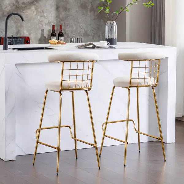 Luxury Velvet Bar Stools Set of 2, Beige - High Back Pub Chairs with Metal Legs for Kitchen Dining - Minihomy