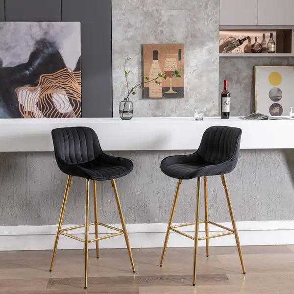 Set of 2 30" Velvet Bar Stools with Chrome Footrest - Black & Gold