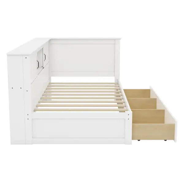 L-Shaped Twin Bed Frame with Drawer, Bookcase, LED Lights & USB Port - White - Minihomy