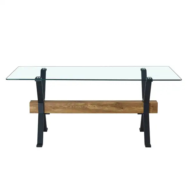 Modern Tempered Glass Dining Table with Black Metal Legs - 70.9" x 35.4" x 30" - Home & Office Use - Minihomy