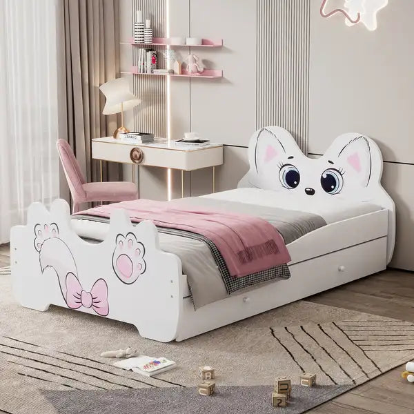 White Cartoon Twin Platform Bed with Trundle - Kids Bedroom Furniture