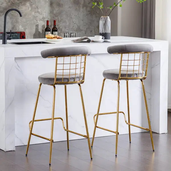 Luxury Velvet Bar Stools Set of 2, Grey - High Back, Metal Legs, Modern Kitchen Dining Chairs - Minihomy