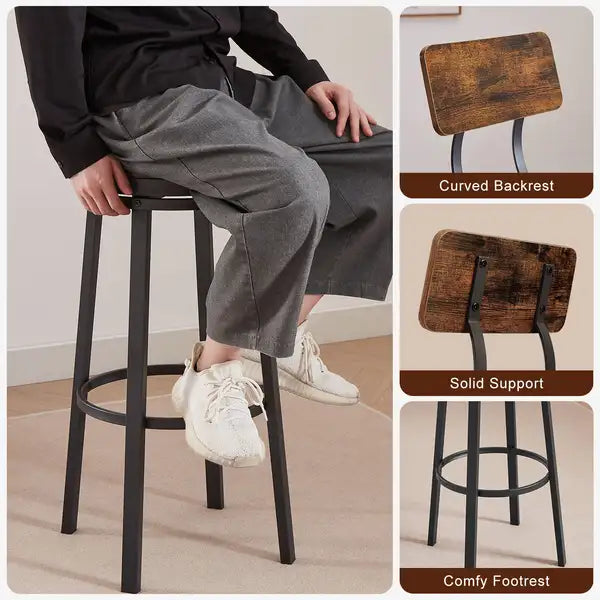 Industrial Bar Stools Set of 2 with Backrest - Rustic Brown, 29.5" High, Metal Frame - Minihomy