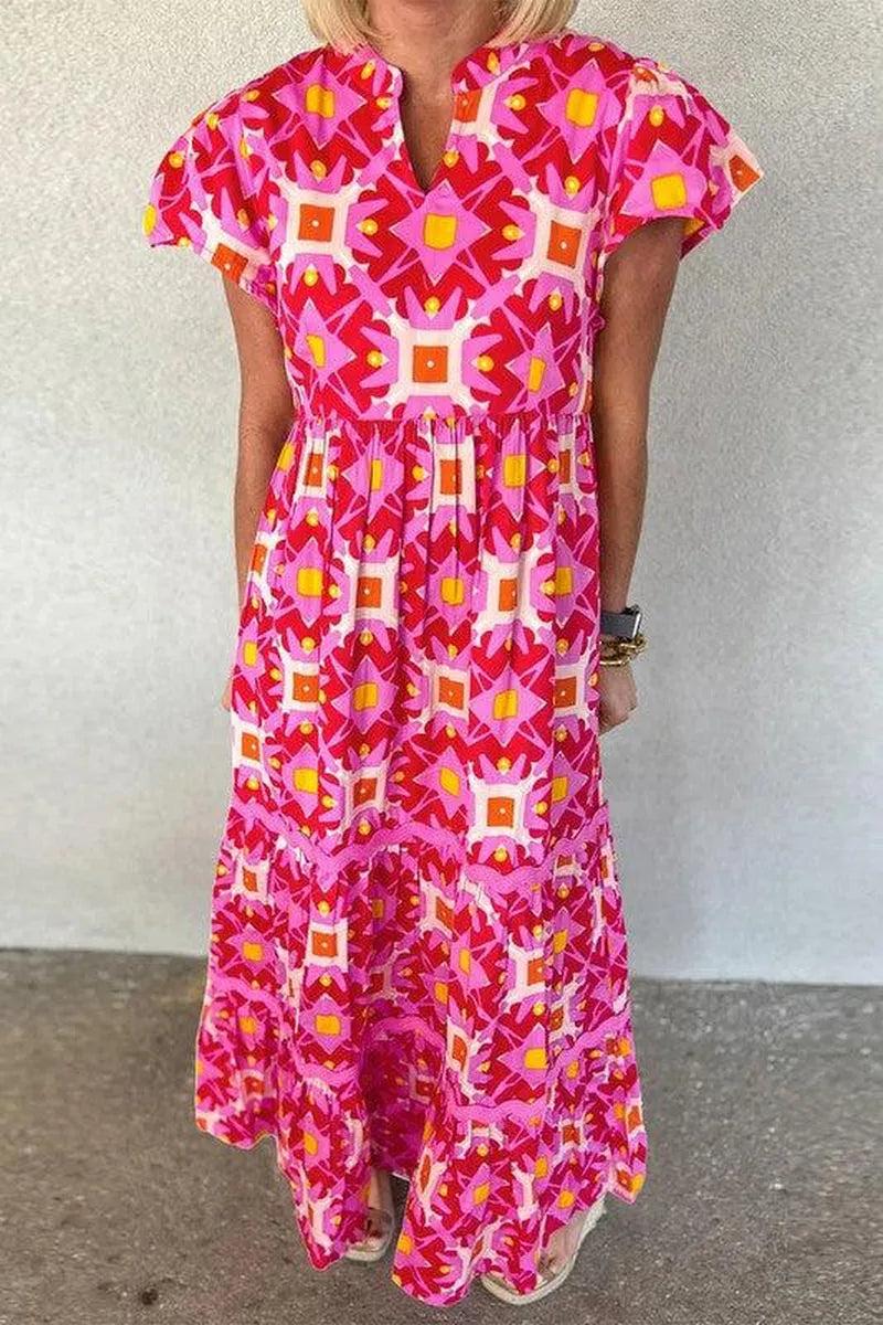 Women Strawberry Geo Print V-neck Maxi Dress