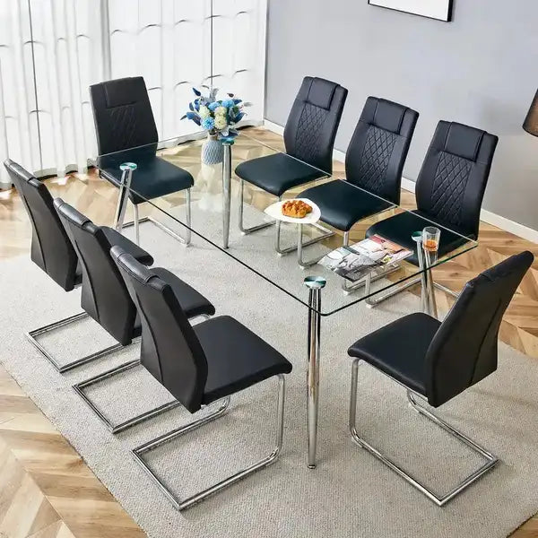 Modern Glass Dining Table & Chair Set - Tempered Top, Silver Metal Legs, PU Cushions