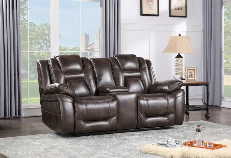 Oportuna Dual Power Console Loveseat - Dark Brown Leather Recliner