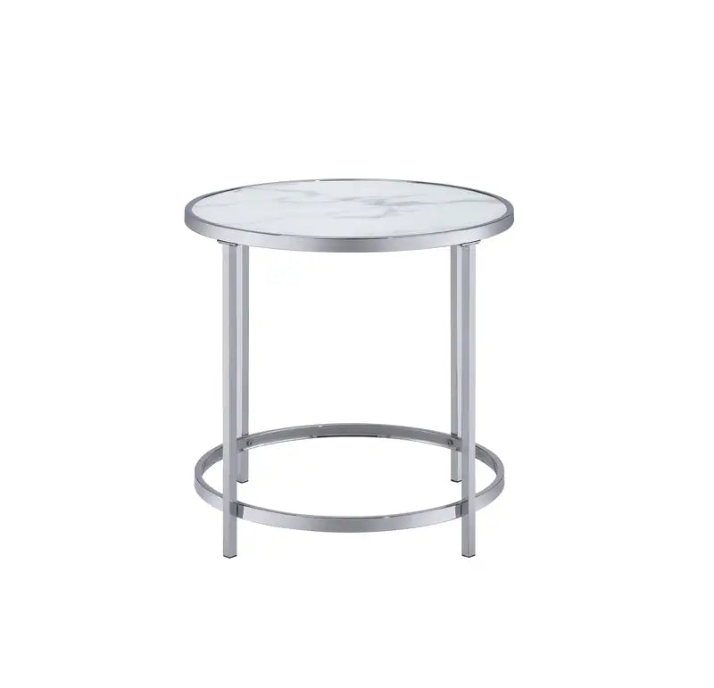 White Round End Table - Faux Marble Top - Rayne