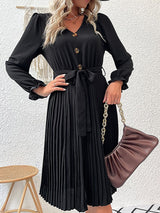 Decorative Button Belted Puff Sleeve Pleated Dress