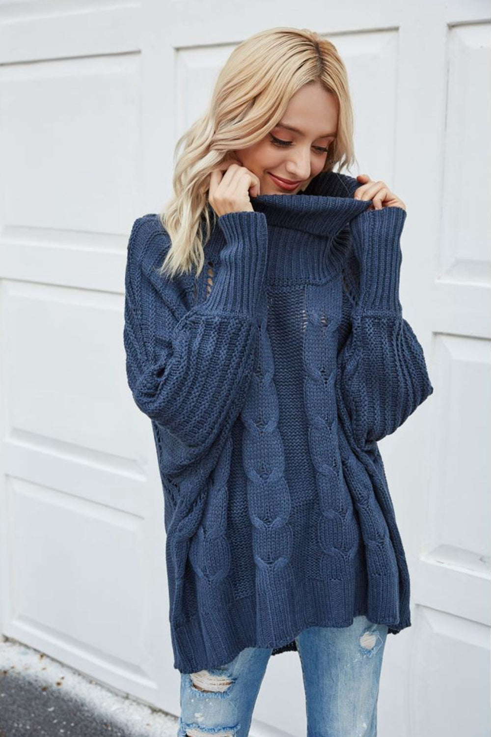 Cable-Knit Openwork Turtleneck Sweater