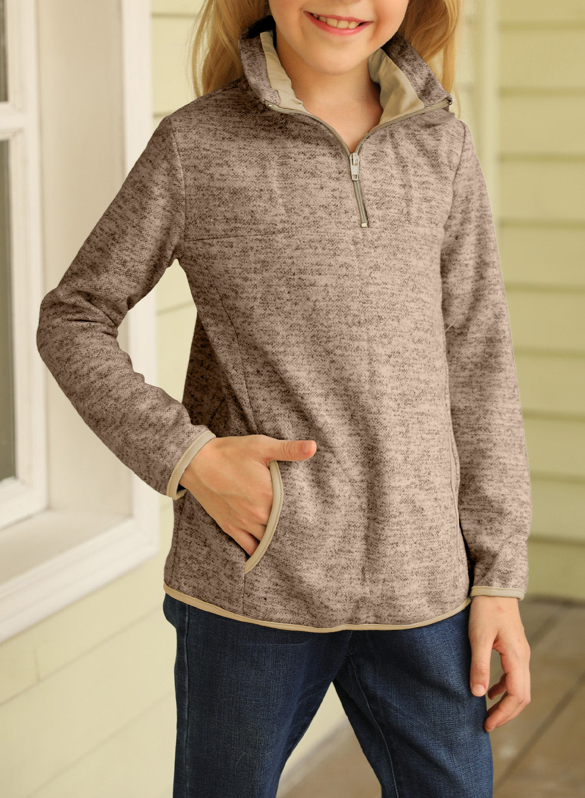 Kids Quarter-Zip Collar Sweatshirt with Kangaroo Pocket - Minihomy