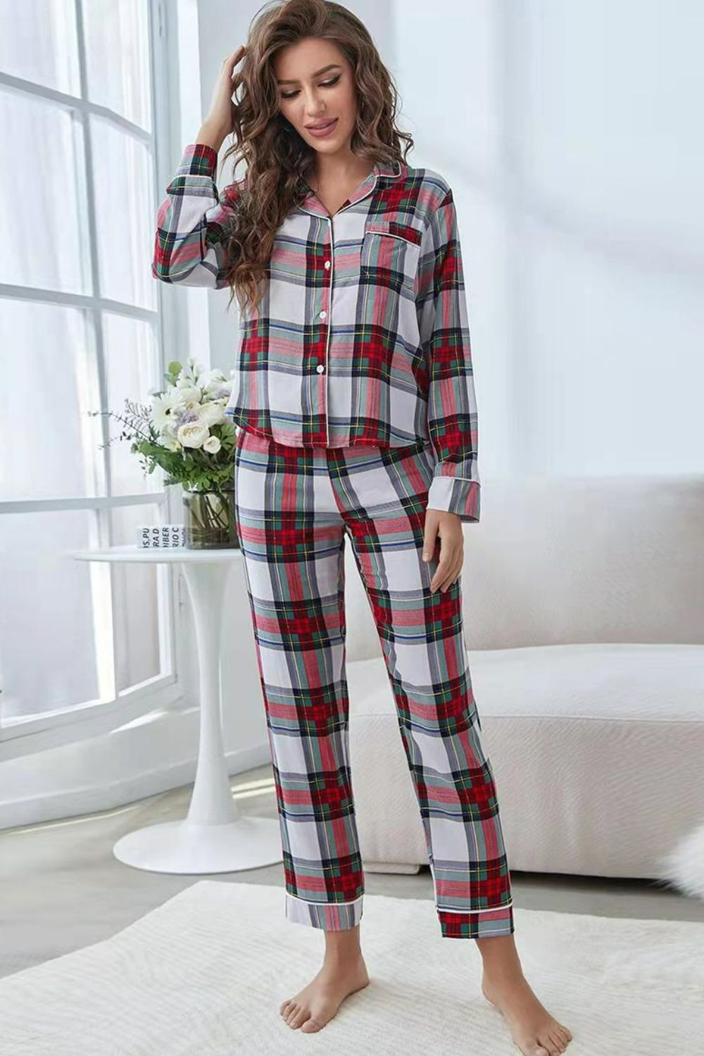 Plaid Button Front Top and Pants Lounge Set - Minihomy