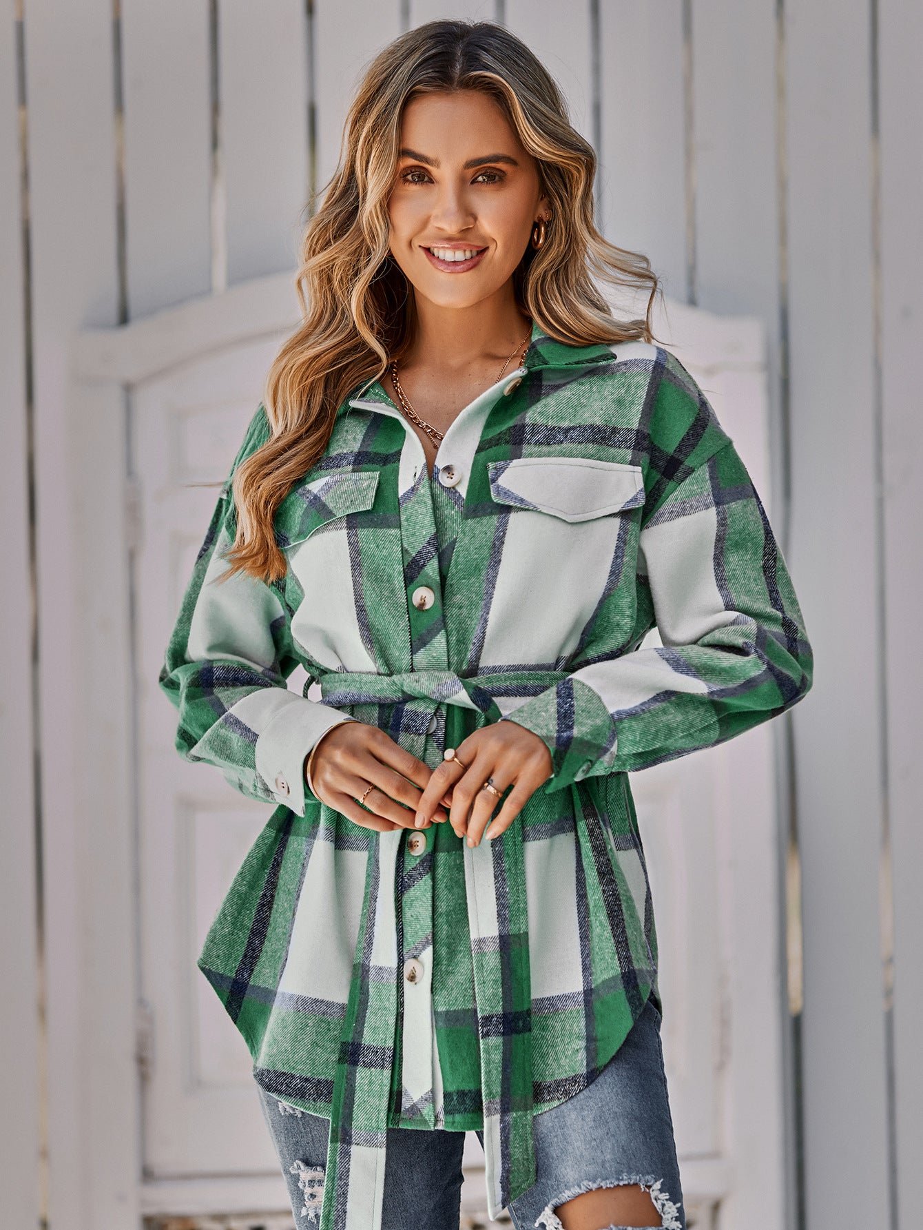 Plaid Belted Dropped Shoulder Shirt Jacket