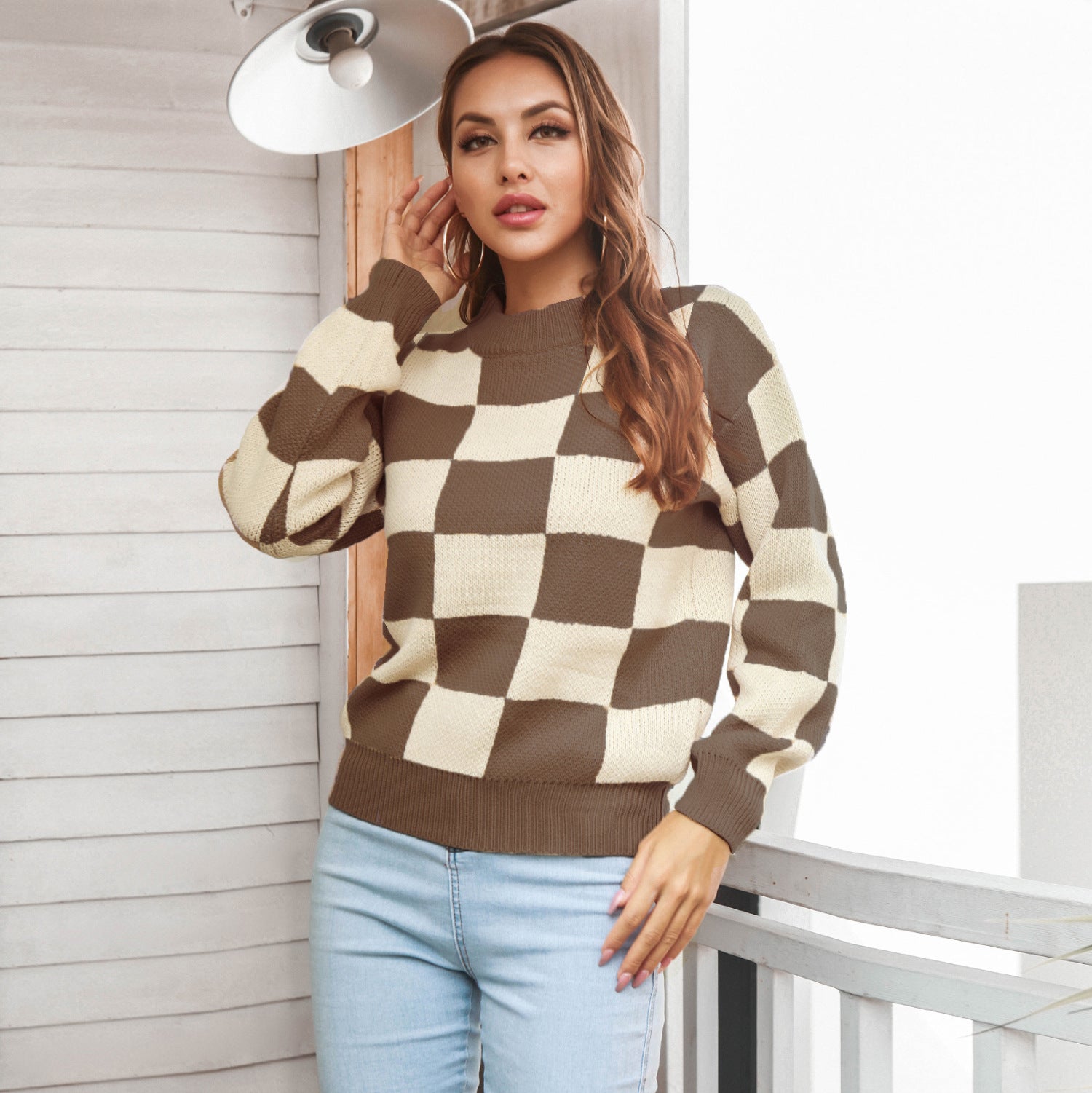 Checkered Two-Tone Dropped Shoulder Crewneck Sweater - Minihomy