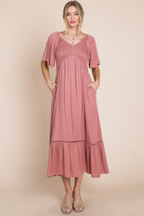 HEYSON Full Size Smocked Pocket Midi Dress in Rouge Pink - Minihomy