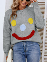 Smiley Face Dropped Shoulder Ribbed Trim Sweater