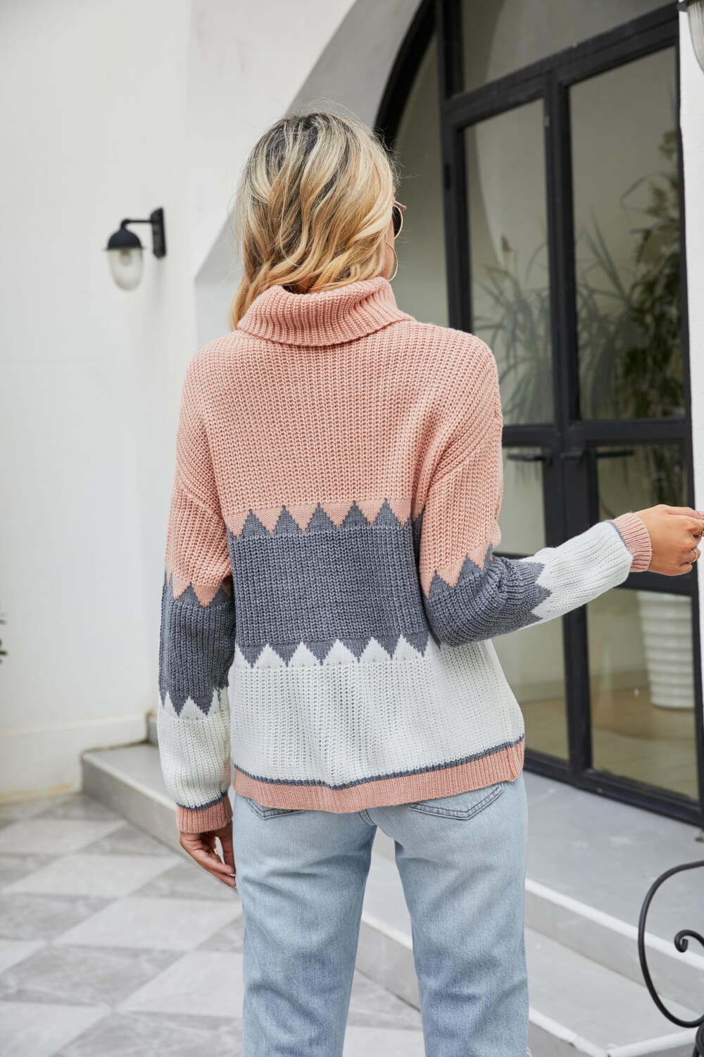 Color Block Rib-Knit Turtleneck Dropped Shoulder Sweater