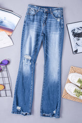 Distressed Flared Jeans with Pockets - Minihomy