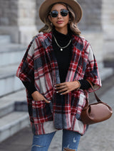 Plaid Half Sleeve Open Front Hooded Fleece Jacket