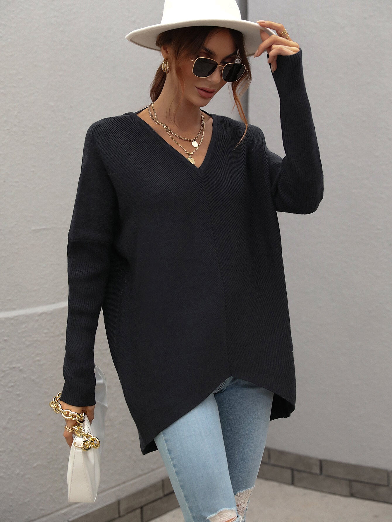 Ribbed V-Neck Open Back Tunic Sweater - Minihomy