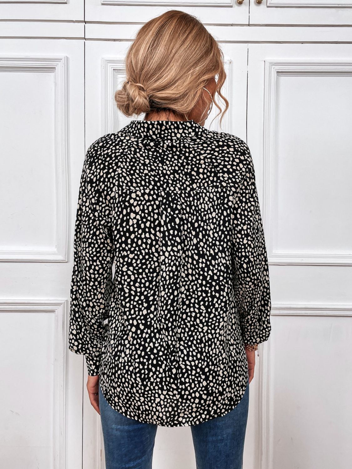 Animal Print Button Down Bishop Sleeve Shirt - Minihomy