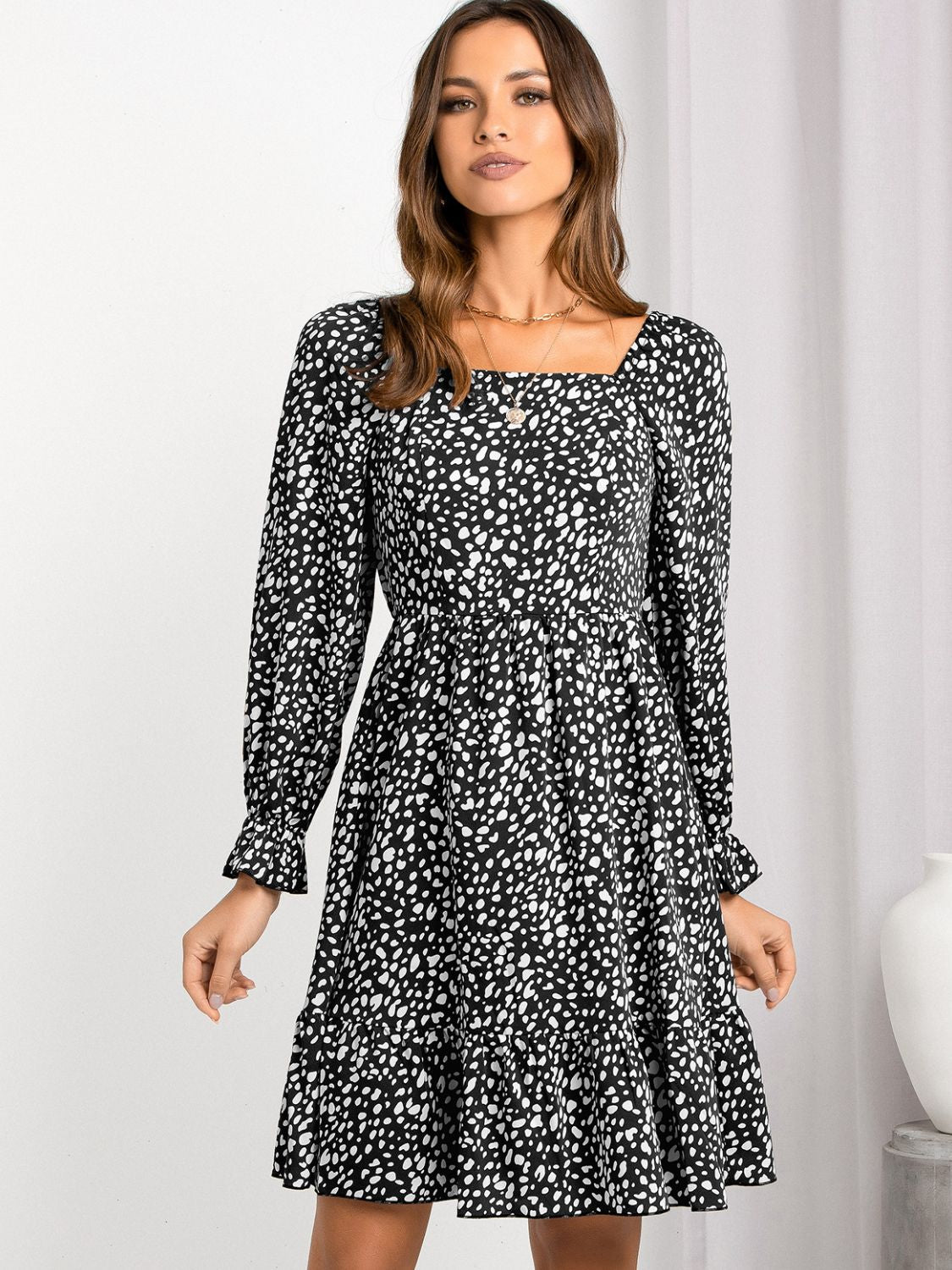 Printed Square Neck Flounce Sleeve Dress