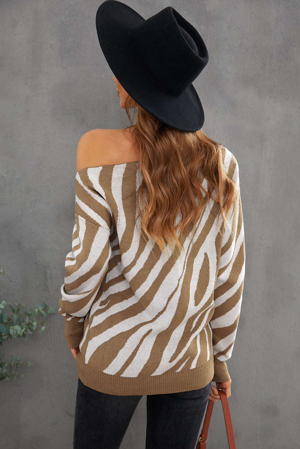 Zebra Print Mock Neck Cold Shoulder Sweater