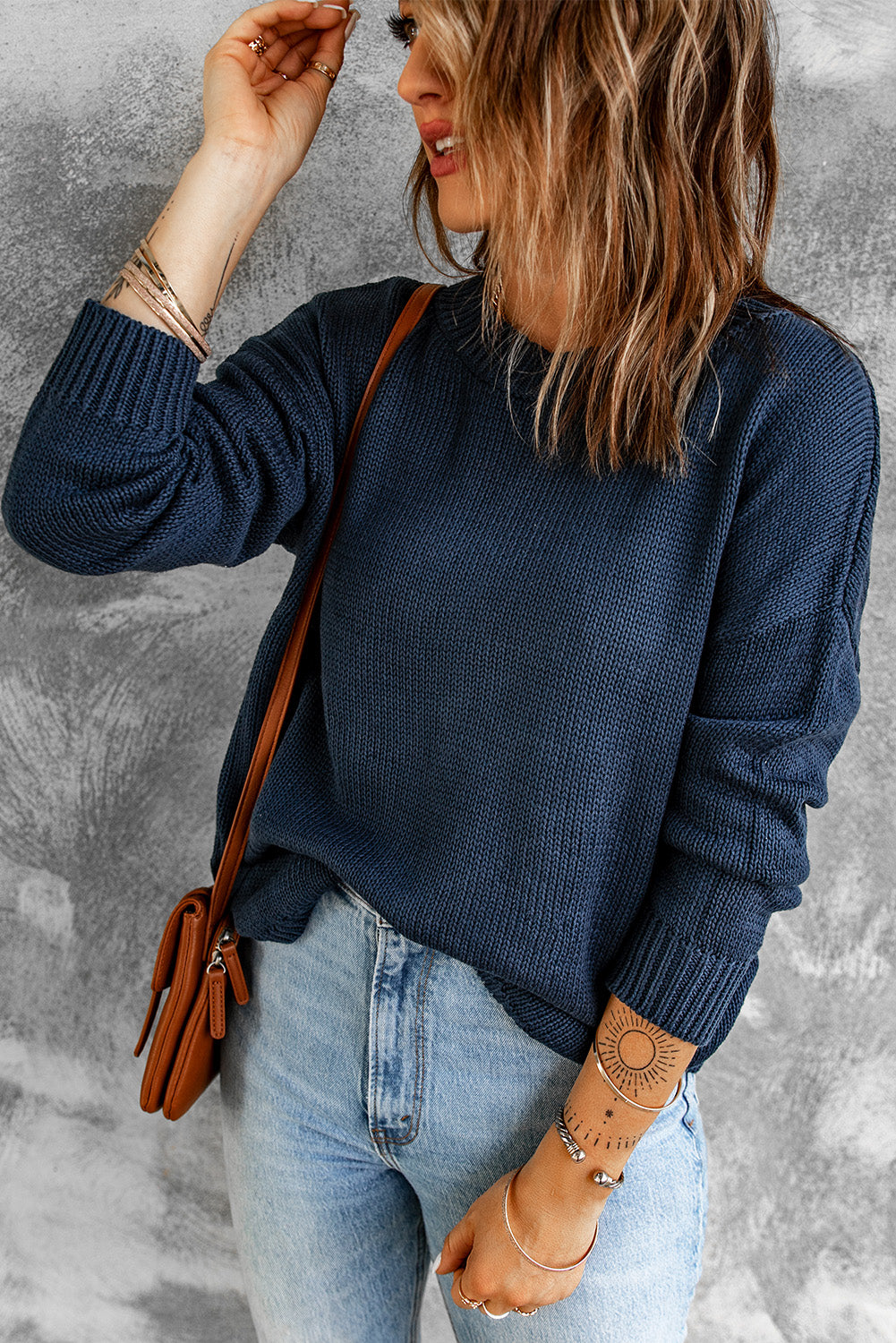 Dropped Shoulder Round Neck Ribbed Trim Sweater