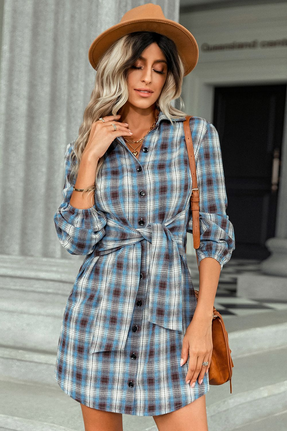 Plaid Tie Front Mini Shirt Dress - Minihomy