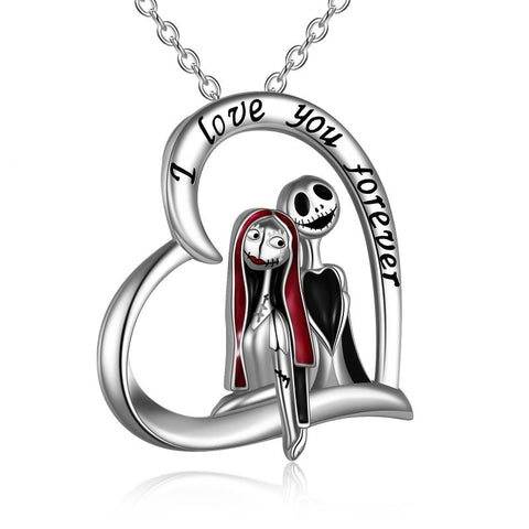 Sterling Silver Heart Nightmare Before Christmas Jack Skellington and Sally Pendant Necklace Jewelry Gifts for Women