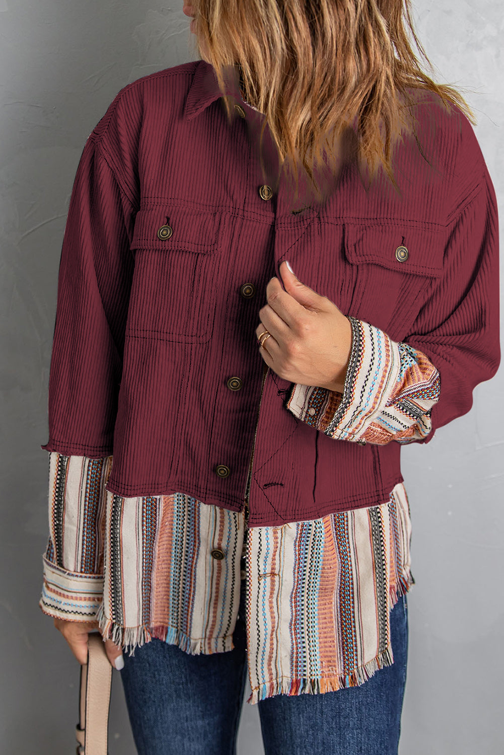 Striped Frayed Hem Corduroy Jacket