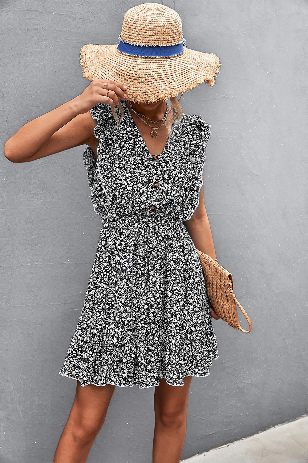 Ditsy Floral Ruffled V-Neck Dress - Minihomy