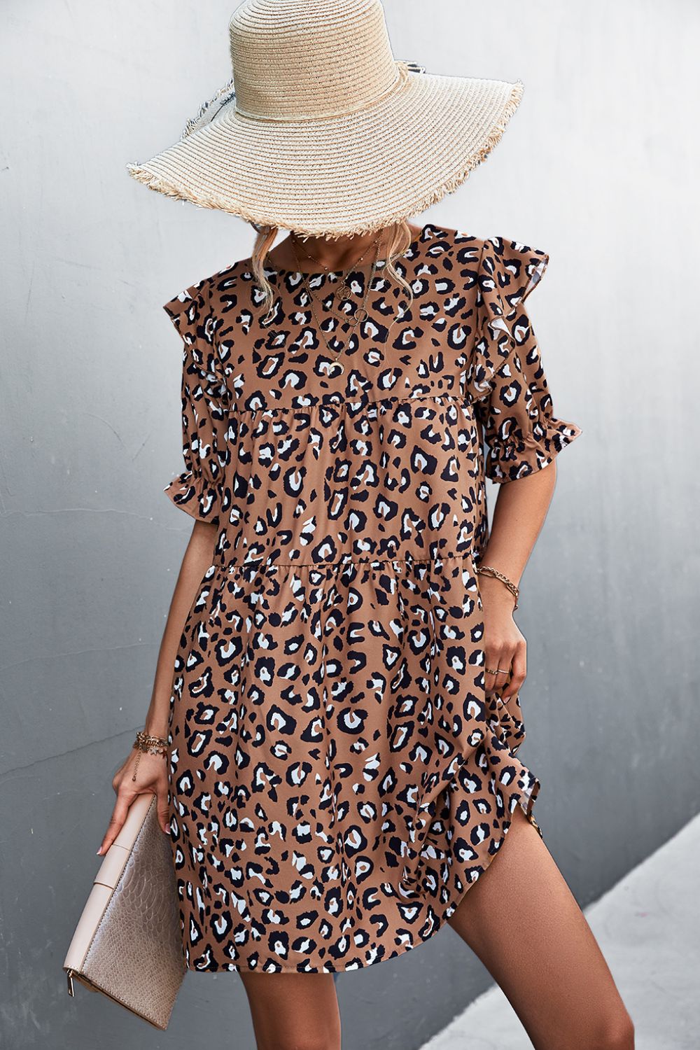 Leopard Print Ruffle Shoulder Mini Dress