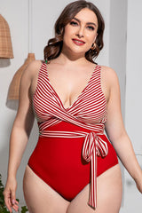 Plus Size Striped Tie-Waist One-Piece Swimsuit - Minihomy