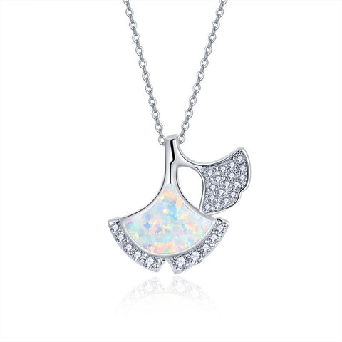 925 Sterling Silver Nature Ginkgo Opal Leaf Pendant Necklace Jewelry
