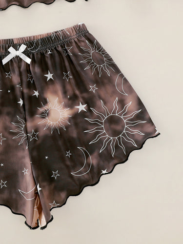 Sun Moon Print Shorts And Home Service Suit